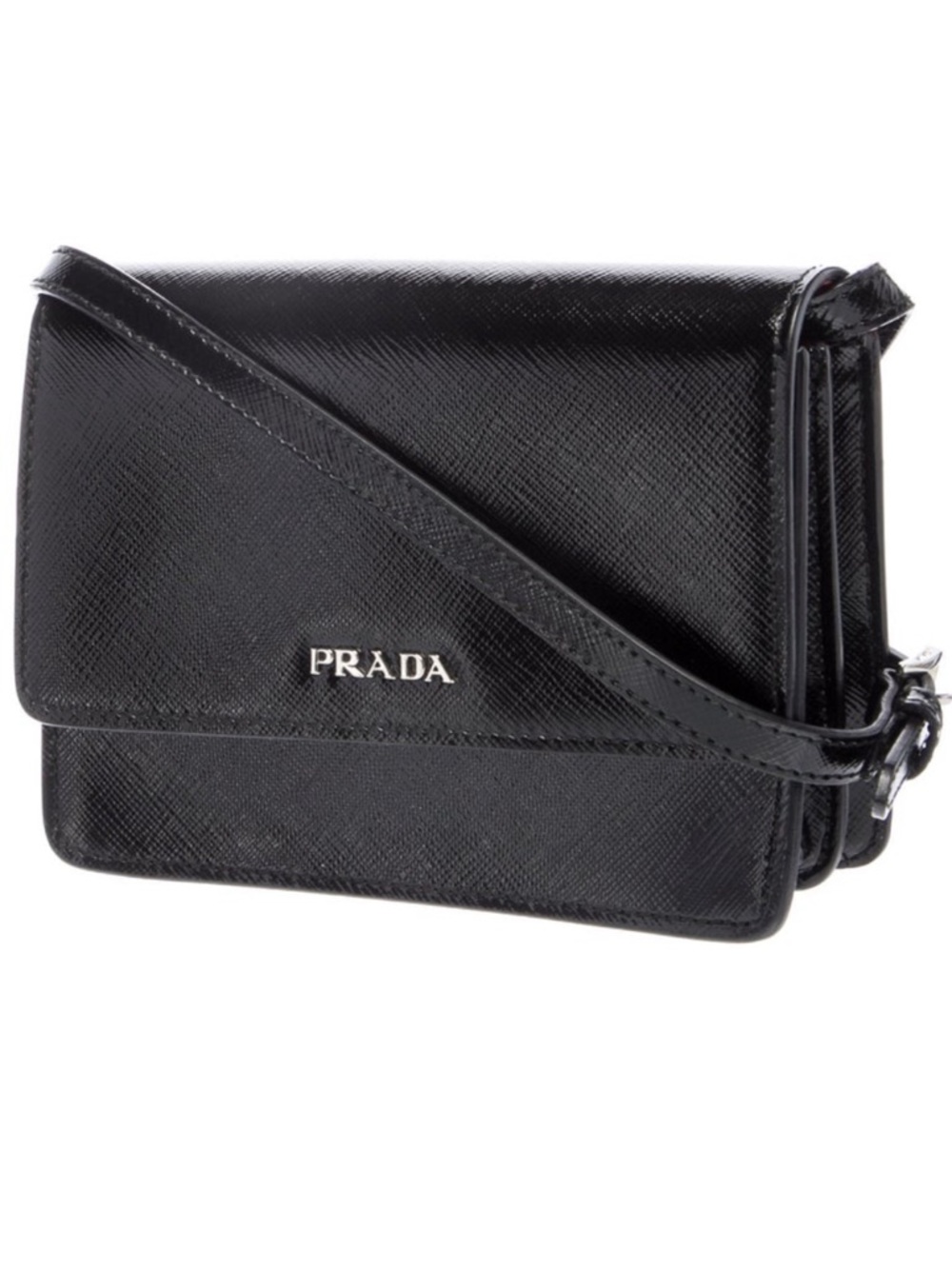 PRADA  Black Saffiano & Red Interior Leather Metal Crossbody Shoulder Bag Clutch